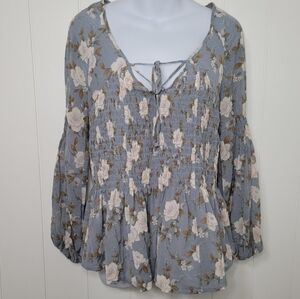 American Eagle Outfitters Womens Top Small Blue Floral Smocked Balloon Sleeve